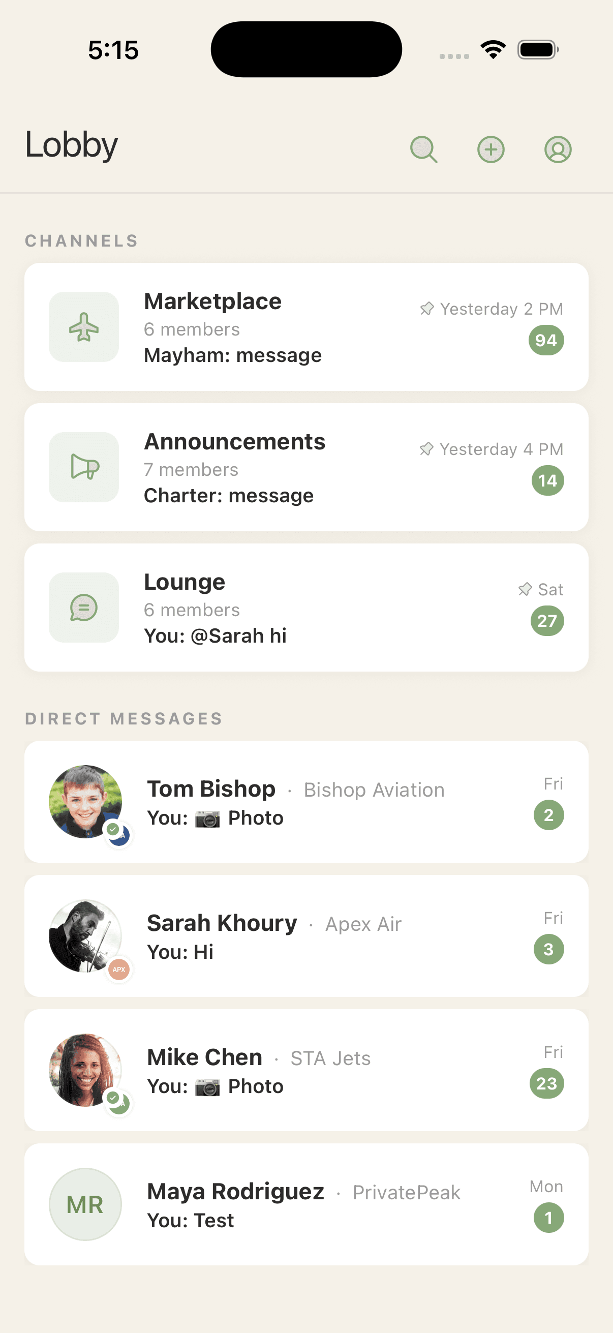 AVchat Lobby screen showing channels and direct messages