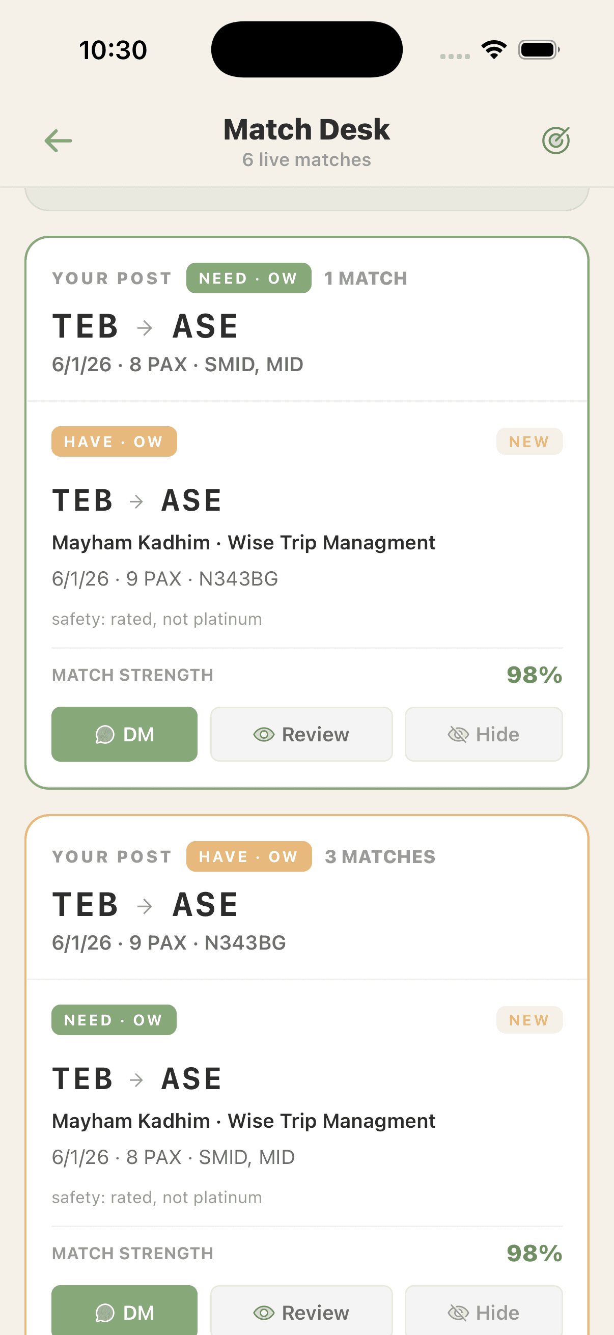 AVchat Match Desk screen showing NEED and HAVE matches organized by post